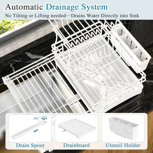 2 Tier Dish Drying Rack, Large Extendable Dish Racks for Kitchen Counter , Dishrack with Drainboard, 2-in-1 Anti-Rust Stainless Steel Dish Drainer with Utensil Holder (White, double of Dish Rack) - Image 4