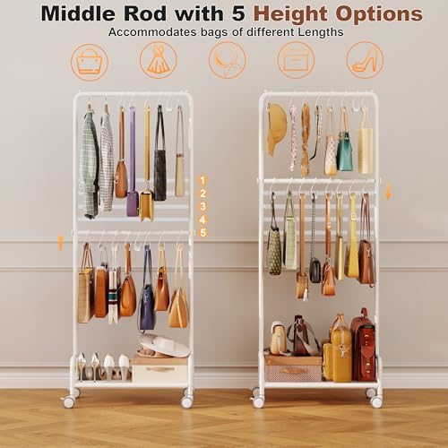 Hayexiha 3-Tier Purse Organizer for Closet with 16 Wide Hooks, Rolling Purse Rack Stand with Wheels for Purse Storage, Adjustable Handbag Organizer, Large Tall Purse Storage Organizer for Small Place - Image 5