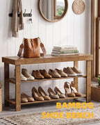 SMIBUY Bamboo Shoe Rack Bench, 3-Tier Shoe Organizer Storage Shelf for Entryway Hallway Bathroom Living Room (Walnut) - Image 3