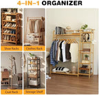 Baveke Standing Clothes Rack with Shelves, Free Standing Closet Garment Racks for Hanging Clothes, 7 Shelf Bamboo Closet Organizer System, Heavy Duty Clothes Hanging Rack for Bedroom, Natural Wood - Image 3