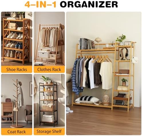 Baveke Standing Clothes Rack with Shelves, Free Standing Closet Garment Racks for Hanging Clothes, 7 Shelf Bamboo Closet Organizer System, Heavy Duty Clothes Hanging Rack for Bedroom, Natural Wood - Image 3