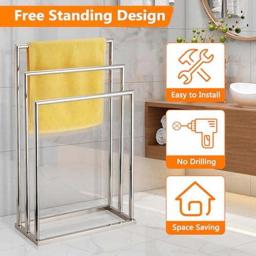 Free Standing Towel Racks for Bathroom, 3 Tier Stainless Steel Bathroom Towel Rack, Towel Drying Rack Stand for Outdoor Poolside, Blanket Holder, Chrome, DECLUTTR - Image 6