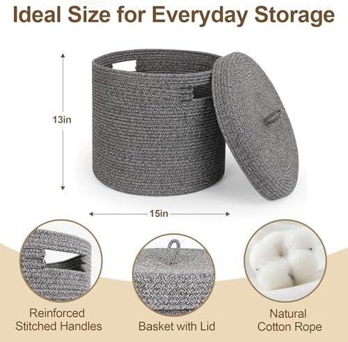 Storage Basket with Lid, Woven Blanket Storage for Living Room, Cute Cotton Rope Bin with Lid, Round Wicker Laundry Basket with Cover, Decorative Kid Dog Toy Box, Nursery Organizer, 15"x13" - Image 2