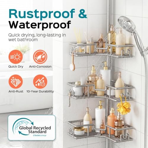 HAMITOR Corner Shower Shelves, 4-Tier Metal Tension Pole Caddy, Silver Gray - Image 2