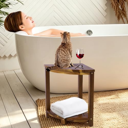 Corner Shower Stool with Storage Shelf, Shower Foot Rest for Shaving Legs, Corner Shelves Shower Caddy Stand, Shower Stool, Sturdy Bathroom Organizer for Kitchen, Living Room–Acacia Wood - Image 4