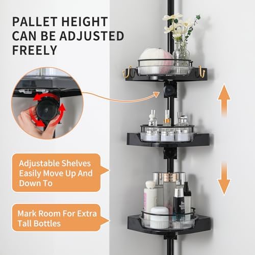 YCIA&DONE 360° Rotating Corner Shower Caddy Tension Pole, 3 Tiers Shower Organizer for Bathroom Shelf Bathtub, Adjustable Standing Shower Rack, Easily Assemble, 34-124 Inch Height, Black - Image 4