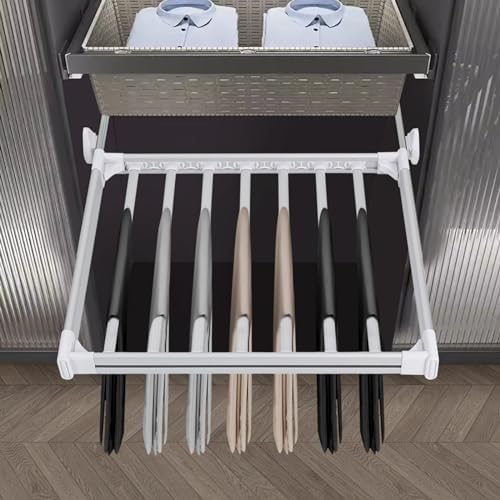 11 Arms Slide Out Pants Rack Closet Pants Hanger Bar Pull Out Trousers Rack Tie Belts Scarf Racks, Top Mounted Wardrobe Clothes Organizers Rail Pull Out Closet Storage Rod-Silver White - Image 7