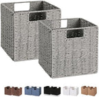 Vagusicc Wicker Basket, Set of 2 Hand-Woven Wicker Storage Basket, Foldable 11 inch Cube Storage Bins, Storage Baskets for Organizing Shelves, Closet Organizers and Storage Bins, Gray (11″×11″×11″) by Vagusicc