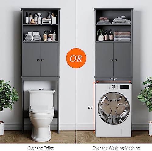Over the Toilet Storage Cabinet for Bathroom, Storage Cabinets Over Toilet, Bathroom Floor Mounted Cabinet Space Saver with Adjustable Shelf and 2 Open Shelves, 75in, Grey - Image 4