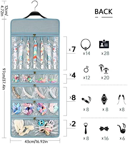SMRITI Hanging Jewelry Organizer with Dual Zippered Pockets Canvas Double Sided Rotating Hanger Necklace Hanging Wall Organizer Earring Dustproof Holder Wall Mount Accessories Display Bag(Light Blue) - Image 6