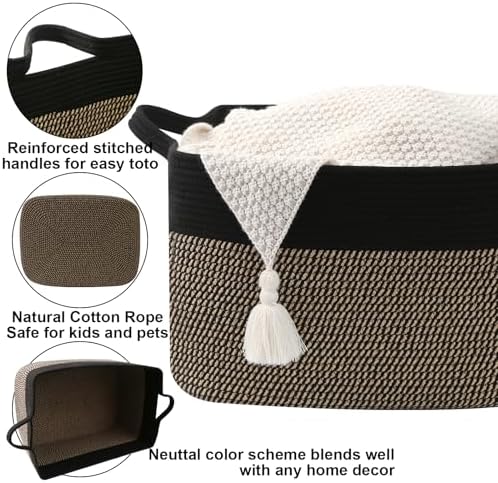 96L Laundry Basket with Handles, Extra Blanket Basket, Black/Jute - Image 3