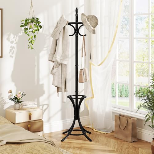 Tangkula Coat Rack with Umbrella Holder, 73 Inch Freestanding Coat Hanger Stand with 12 Hooks, Wooden Entryway Coat Tree for Clothes, Bags, Hats, Scarves, Living Room, Bedroom, Hallway (Black) - Image 3