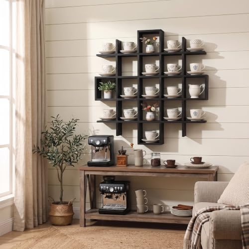 Suzile 5x5 Wall Shelf for Tea Cups Saucers, Rustic Wood Rack, Black - Image 5