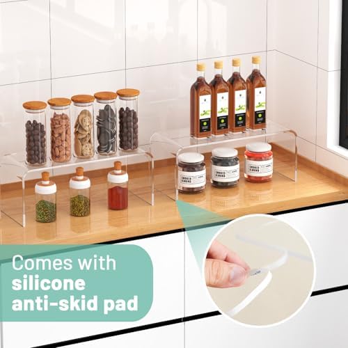 4 Packs Kitchen Cabinet Shelf Organizer, Acrylic Clear Shelf Riser, 5mm Thick Spice Rack for Dishes, Soda Cans and Cup（11.8 x 4.72 x 4.72 Inch） - Image 4