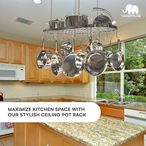 Vdomus Hanging Pot Rack - Ceiling Mount Kitchen Organizer for Pots and Pans with 15 Hooks - 33 x 17 Inches Heavy-Duty, Durable and Space-Saving Pan Holder - Silver - Image 2