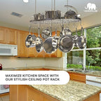 Vdomus Hanging Pot Rack - Ceiling Mount Kitchen Organizer for Pots and Pans with 15 Hooks - 33 x 17 Inches Heavy-Duty, Durable and Space-Saving Pan Holder - Silver - Image 2