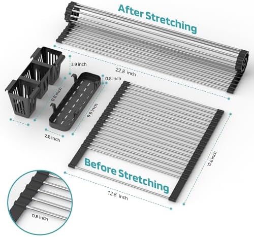 BBXTYLY Extra Large Black Expandable Roll Up Dish Drying Rack Up to 22.8''with 2 Storage Baskets,Over The Sink Kitchen Rolling up Dishes Drainer, Foldable,Rollable - Image 3