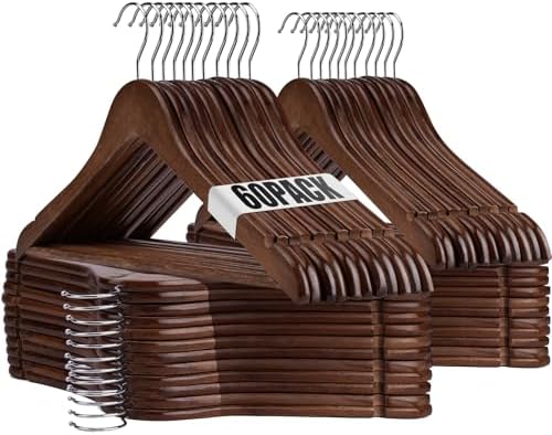Wooden Hangers - 60 Pack - Clothes Hanger for Daily Used,Heavy Duty Wood Hangers with Precisely Cut Notches,Coat Hanger for Closet, Clothes Hangers for Shirt Suit Dres（Walunt） by Uinicor