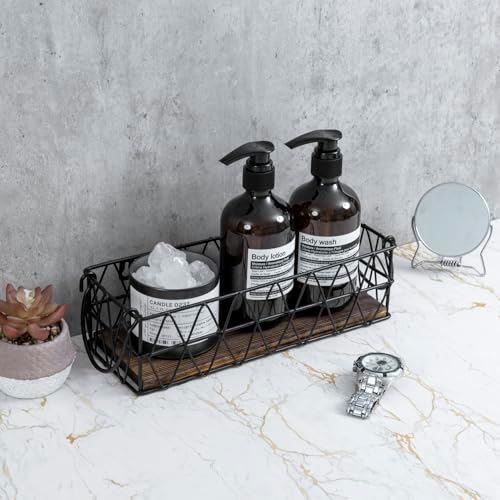 MyGift 2 Piece Wall Mounted Black Geometric Metal Nesting Storage Basket with Rustic Solid Burnt Wood Base, Small Tabletop Decorative Metal Wire Bins with Handles - Image 5