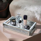 Rectangle Glass Tray with Handles for Dresser, Mirror Makeup Organizer Perfume Display, Crushed Diamond Home Decor Accent for Vanity, Living Room Tables, Silver(12”x7.7”x2”) - Image 5