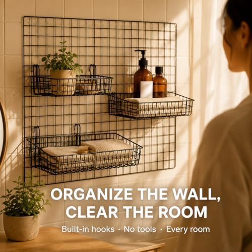 ANZOME Grid Wall Baskets, 2 Pack Black Hanging Wire Basket Shelves for Kitchen Pantry Wall Storage, Metal Mesh Organizer with Hooks for Fruits, Spices, Plants and Small Supplies - Image 6