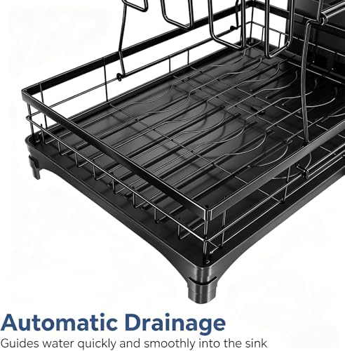 Simple Trending Dish Drying Rack, 2-Tier with Utensil Holder, Black - Image 6