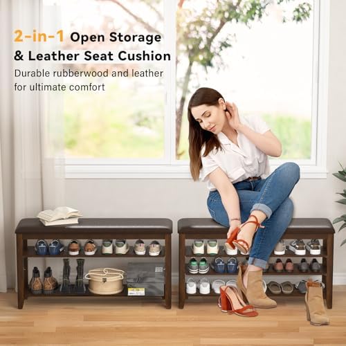 Taitiy Shoe Bench with 3 Tier Adjustable Shelves Rubberwood Entryway 31.5'' - Image 3