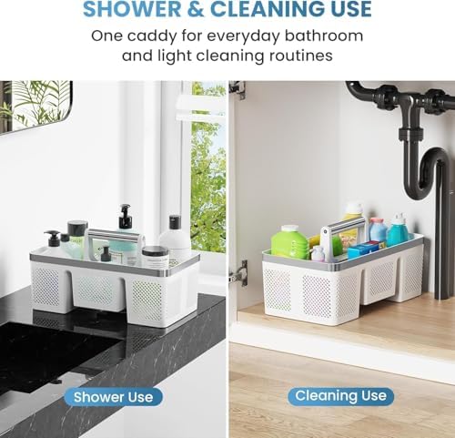 BYUNER Plastic Shower Caddy Dorm: Portable Shower Basket Tote with Handle, 4 Compartments, All-Side Drainage, Hard Bathroom & Cleaning Caddy Organizer for college Dorm Room Essentials, White/Silver - Image 2