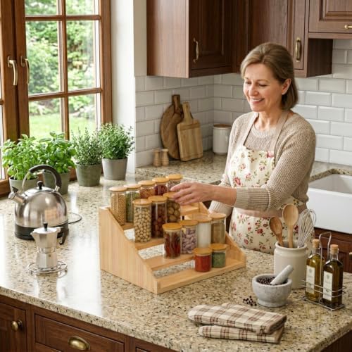 Solid Wood Spice Rack Organizer for Countertop & Cabinet, 4 Tier Adjustable Wooden Spice Shelf with Sliding Track, Premium Step Seasoning Bottle Holder for Kitchen, Pantry, Office, Natural Wood Color - Image 3
