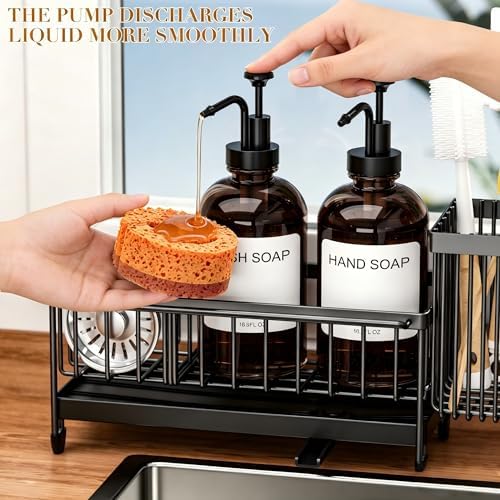 Kitchen Soap Dispenser Set with Sponge Holder and Towel Rack, 17OZ Glass Bottle, Hand and Dish Soap Dispenser Set, Non-Slip Silicone Pad, Brush Holder, Kitchen Sink Caddy Organizer Countertop (Amber) - Image 4