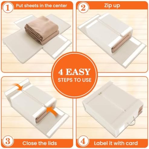 WOWBOX Sheet Organizers and Storage,Closet Bed Sheet Organizer Under Bed Storage and Organization with Label Cards & Clear Window for Bedding Sheets,Duvet Covers,Blankets (8 Pack，Beige) - Image 4