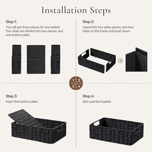 UBBCARE 2 Pack Wicker Basket, 11.5L×7.5H×3.5W inch Woven Paper Rope Storage Baskets for Shelves, Foldable Rectangular Storage Baskets with Handle, Storage Basket for Organizing, Black - Image 3