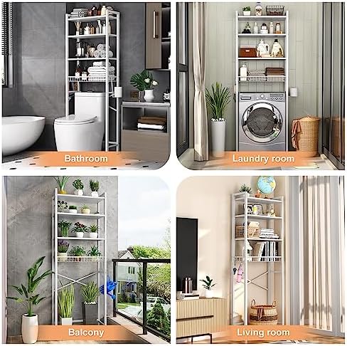 Kalrin Over-The-Toilet Storage Rack, 4-Tier Bathroom Organizer Shelf Over Toilet with Adjustable Shelf and Basket, Freestanding Space Saver Bathroom Shelves Above Toilet for Room (Pure White) - Image 3