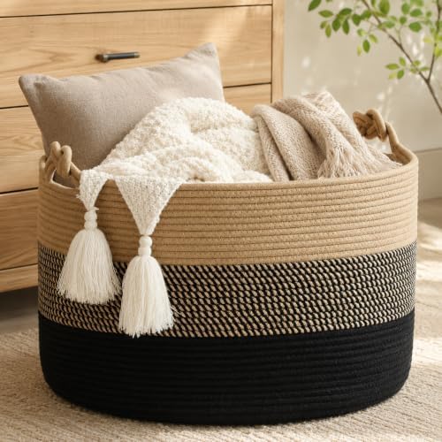 KAKAMAY Large Blanket Basket (20"x13"),Woven Rope Baskets for storage Baby Laundry Hamper, Cotton Rope Blanket Basket for Living Room, Laundry, Nursery, Pillows,Baby Toy chest (Jute/Black) by KAKAMAY