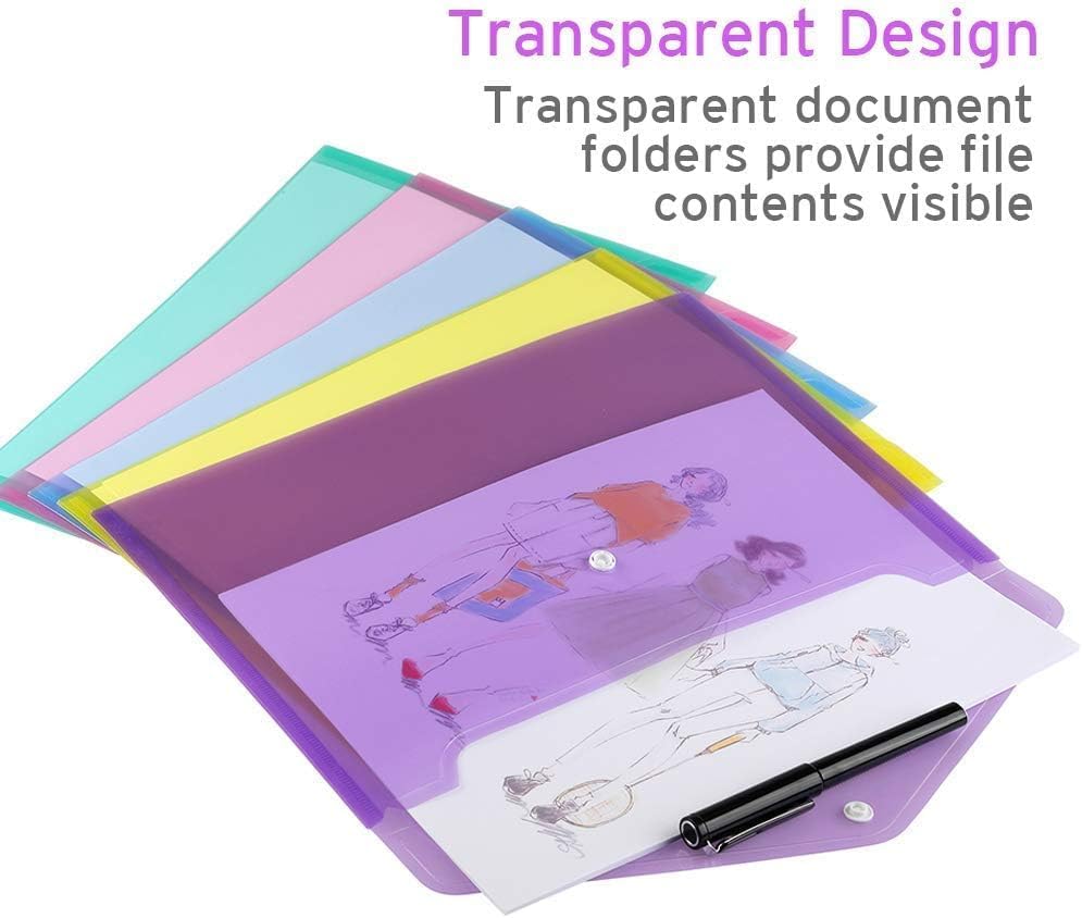 Sooez 48 Pack Folders Plastic Envelopes, Clear Plastic File Folder for Document, Letter A4 Size Poly File Envelopes with Label Pocket, Snap Button for Home Work Office Organizer, 8 Assorted Colors - Image 5