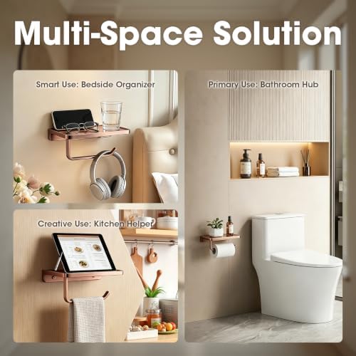 TRUSTMI Toilet Paper Holder with Shelf & Phone Stand, Brushed Rose Gold - Image 5