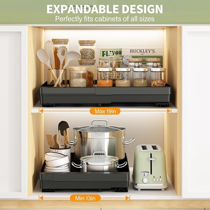 DOMNIU Pull Out Cabinet Organizers Expandable,Black,20.8"Depth,2 Pack - Image 2