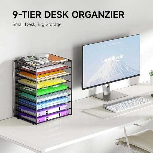 Cawukege 9 Tier Paper Organizer with Handle, Black Large Capacity Desk Organizer Mesh File Folder Letter Paper Tray Desktop Document Sorter for Classroom, School, and Office Accessories Organization - Image 2