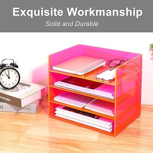 Gelite Acrylic File Organizer for Desk 4 Tiered Stackable Letter Tray Office Paper Storage Desktop Document Sorter, Neon Pink - Image 7