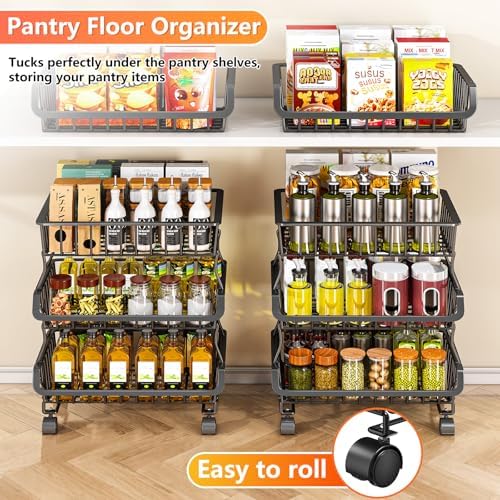 3-Tier Rolling Pantry Organizers and Storage Cart with Wheels – Stackable Wire Snack Cart for Kitchen, Pantry Shelves and Storage Rack for Fruit, Vegetables, Onion, Potato, 1 Pcs - Image 4
