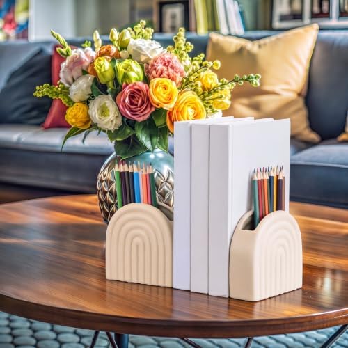Decorative Ceramic Bookend Pen Holder for Shelves, Boho Style Set of 2, Aesthetic Rainbow Arch Heavy Duty Book Ends Stopper for Book Shelf Home Office Library Decor(Beige) - Image 4