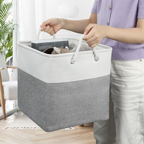 13x13 Storage Cube Bins 4Pack,Collapsible Cube Storage Organizer for Closet, Fabric Storage Box w/ Rope Handles, Foldable Storage Baskets for Shelves, Clothes,Closet Organization - White/Gray - Image 6