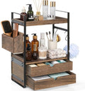 2-Tier Bathroom Counter Organizer with 2 Drawers, Basket and Hooks, Wood Bathroom Organizers and Storage for Countertop, Farmhouse Bathroom Countertop Organizer for Vanity, Kitchen, Coffee Bar, Office by Susoct