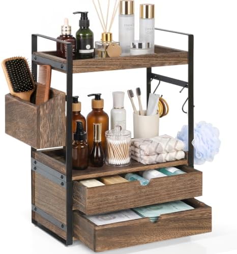 2-Tier Bathroom Counter Organizer with 2 Drawers, Basket and Hooks, Wood Bathroom Organizers and Storage for Countertop, Farmhouse Bathroom Countertop Organizer for Vanity, Kitchen, Coffee Bar, Office by Susoct