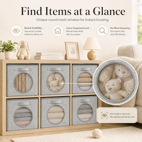 Fabric Storage Cubes with Mesh Window, 13'' Cube Storage Bin, Gray, 4 Pack - Image 4