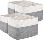 OIAHOMY 4 Pack Storage Basket, 13"x9"x7.8" Cotton Rope Baskets for Shelves, Closet Organizer for Bedroom & Living Room, Soft Decorative Bins for Organizing Towels, Books & Toys, Grey & White by MasterofSpaceOptimization