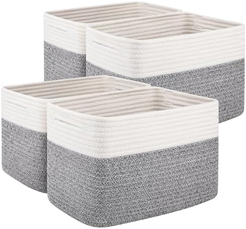 OIAHOMY 4 Pack Storage Basket, 13"x9"x7.8" Cotton Rope Baskets for Shelves, Closet Organizer for Bedroom & Living Room, Soft Decorative Bins for Organizing Towels, Books & Toys, Grey & White by MasterofSpaceOptimization