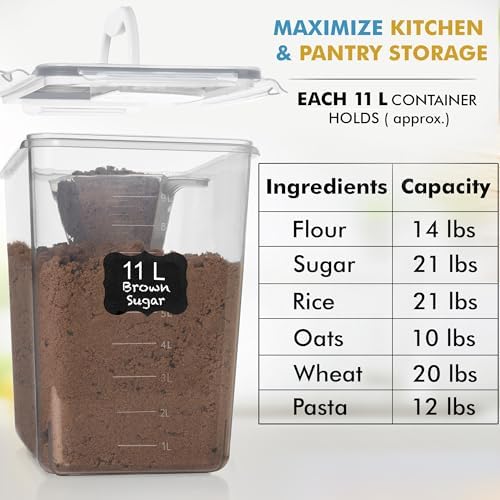 Shazo 2 PC (11L | 372 oz) Flour Sugar Storage Containers with Easy Carry Handle - Plastic Extra Large Food Storage Containers with Lids for Rice Cereal, BPA Free & Airtight Kitchen Pantry Organization - Image 5