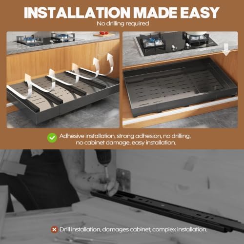 Seinloes 2 Pack Pull Out Cabinet Organizer for Wide Cabinets,Expandable 20.4"-30.4" Width,5 Slide Rails Slide Out Drawers With Raising Pad for Framed Cabinets,No Drill Roll Out Shelves 21" Deep,Black - Image 6
