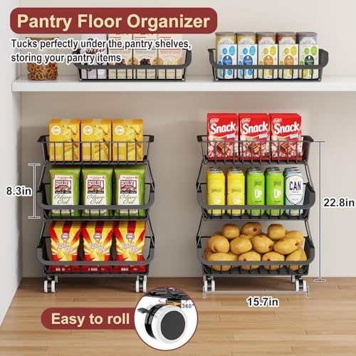 3-Tier Rolling Pantry Cart with Wheels, Stackable Wire Storage Floor Organizer for Kitchen Pantry Snack Shelves, Fruit Basket Stand, Vegetable Storage Rack for Food Snacks Onion Potato, Black, 2 Pack - Image 2